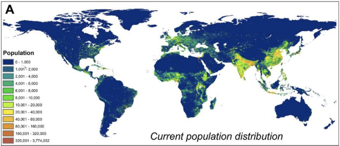 当前全球人口密度分布,可见受到影响的区域,正是人口密度最大的